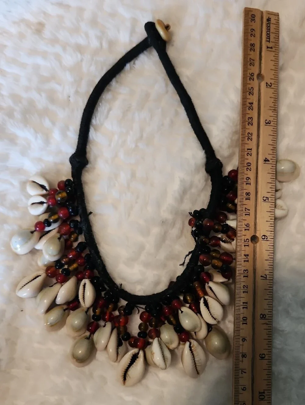 Handmade Cowrie Shell Necklace with Red and Brown Beads Boho Vibe - Picture 4 of 6